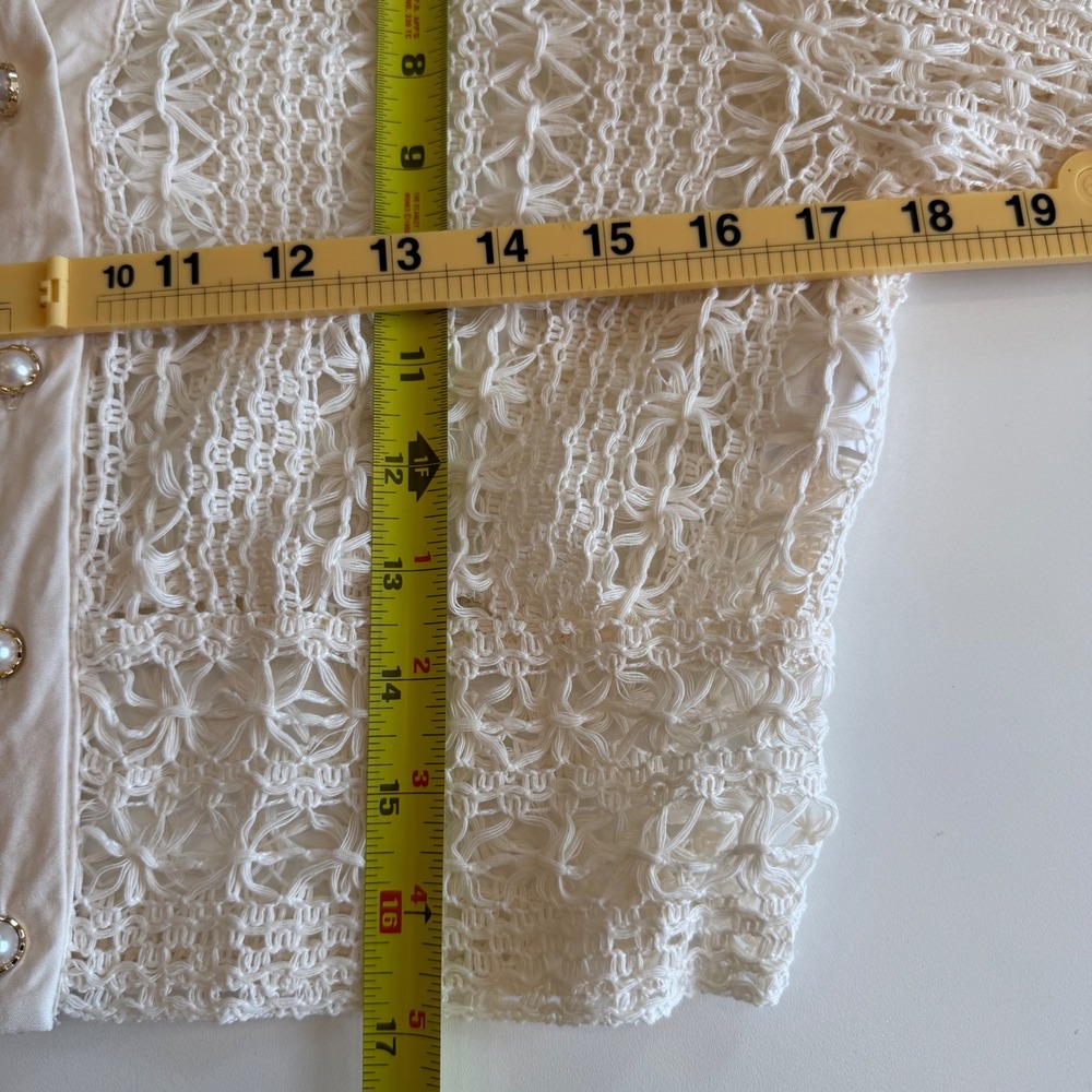 Cream Crochet Open Knit Cropped Cardigan Faux Pearl Buttons Ivory Large - Picture 3 of 5